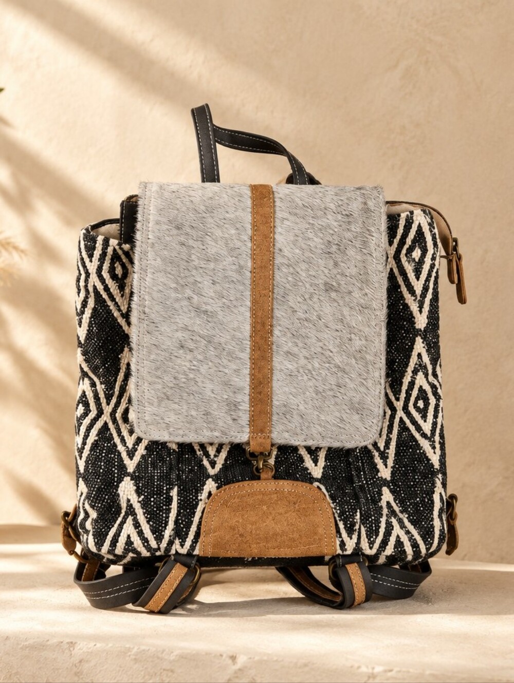 Myra Bag Black & White Geometric Backpack with Tan Trim